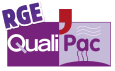 Logo RGE Quali Pac avec zones violettes et rouges, identifiant la qualification pour les systèmes thermiques et climatiques.
