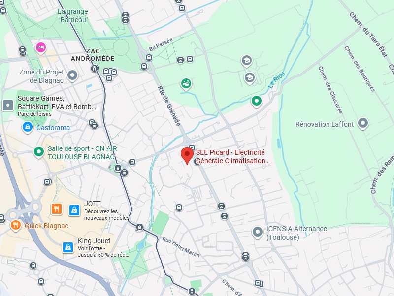 Carte Blagnac : SEE Picard, ZAC Andromède, Rue de Grenade Carte routière centrée sur Blagnac, France, avec un marqueur rouge indiquant SEE Picard - Electricité Générale Climatisation près de la Rue de Grenade.